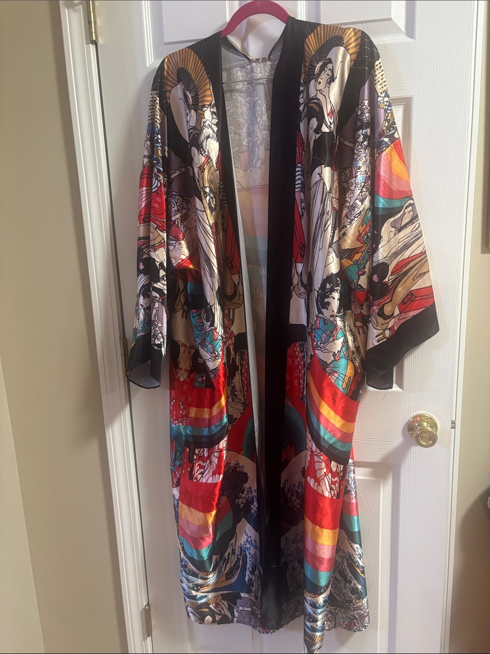 Multicolor Printed Kimono Coat - Women's Long Open Front Jacket